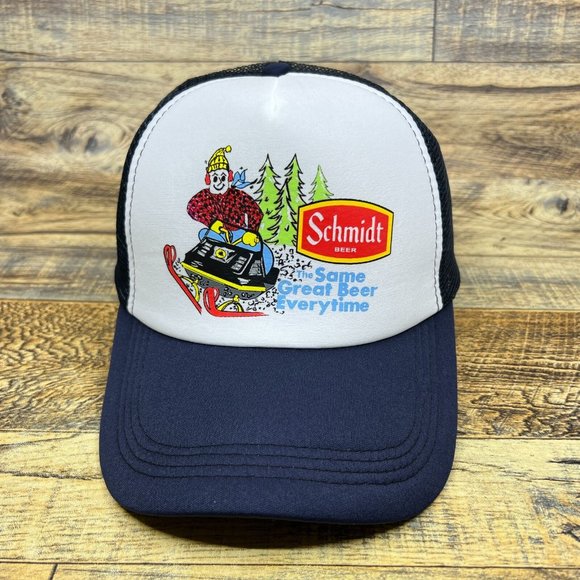 Schmidt Beer Mens Trucker Hat Navy Snapback Vintage Skiing Logo Baseball Cap - Picture 2 of 8